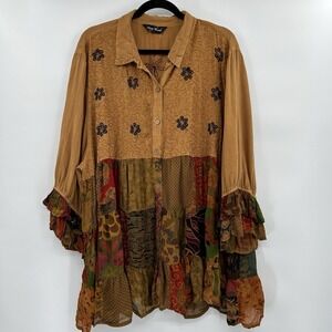 Young Threads Womens Boho Patchwork Top Sz XL Brown Festival Embroidered Sheer